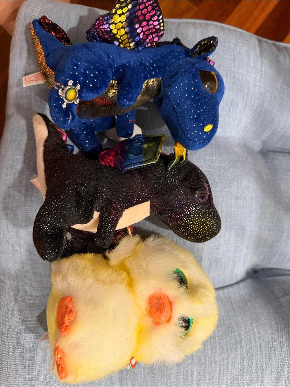(3 )Ty Yellow Chick and Blue Sparkle Dragon Plush Duo